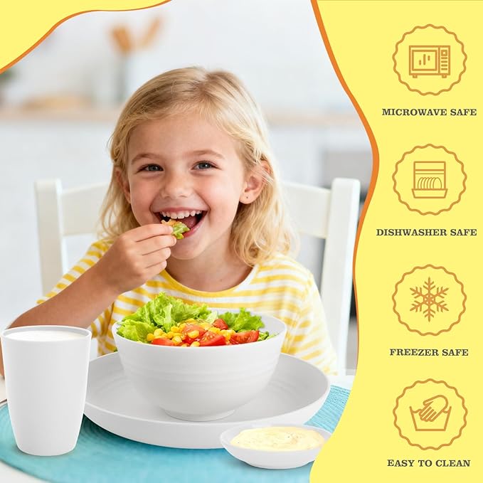 Wheat Straw Plates and Bowls Sets of 16Unbreakable Dinnerware Sets for 4 Microwave &amp Dishwasher Safe Kids Dish Set for Kitchen Outdoor Camping Party RV- White