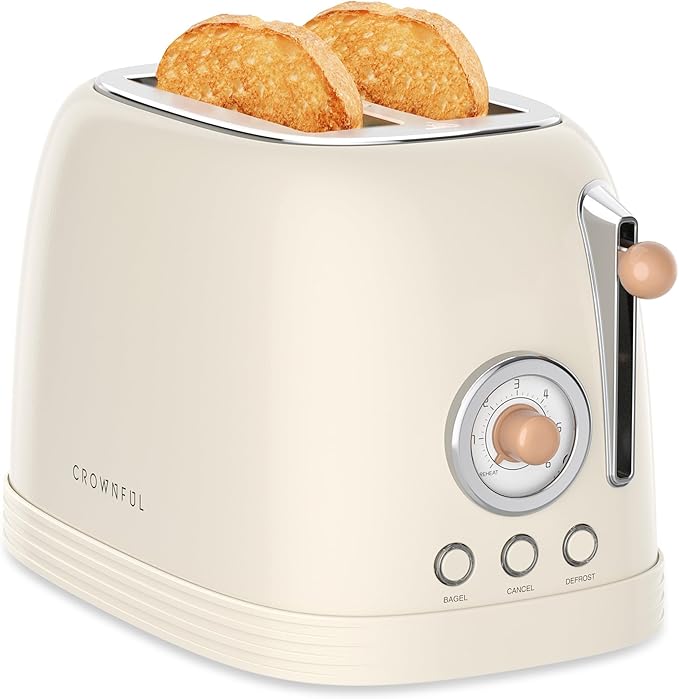 CROWNFUL 2-Slice Toaster Extra Wide Slots Toaster Retro Stainless Steel with Bagel Cancel Defrost Reheat Function and 6-Shade Settings Removal Crumb Tray Cream