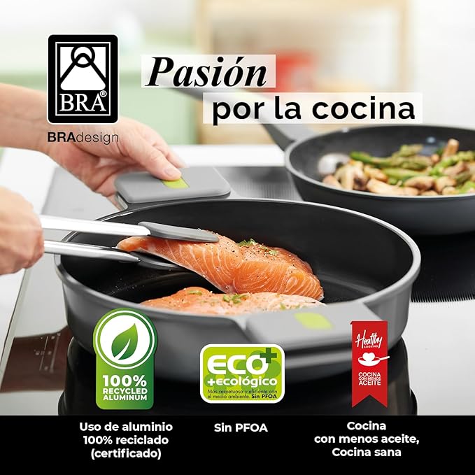 BRA LIFE – 9 Pieces of Cast Aluminium 100% Recycled Non-Stick Reinforced Ceramic without PFOA without PTFE Suitable for All Types of Cookers and Induction
