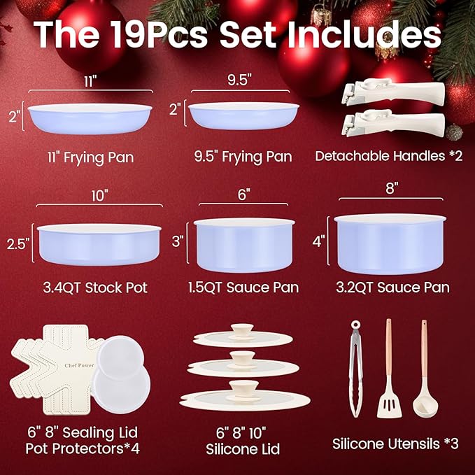 Chef Power Ceramic Nonstick Pots and Pans Set 19 Piece with Detachable Handle Induction Dishwasher Oven Safe Cookware Set RV Kitchen Set Removable Handle (Light Purple)