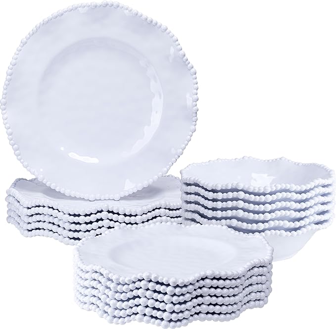 White Beaded Melamine Dinnerware Set 18 piece Dishwasher Safe Plates and Bowls for Dining Parties Camping Dish Set