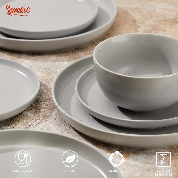 Sweese Dinnerware Sets12 Pieces Porcelain Round Plates and Bowls Sets Dishes Set for 4 Chip Scratch Dishwasher Microwave and Oven Safe Dishware Sets Grey