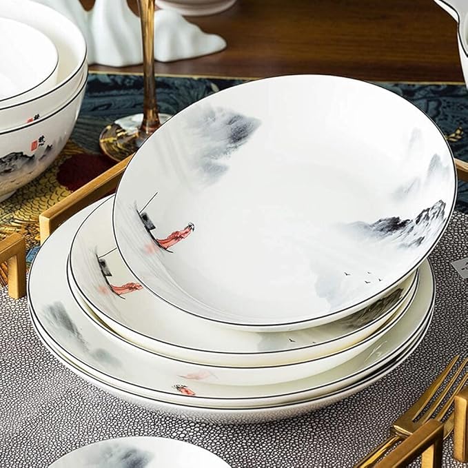 Dinnerware Sets Plates and Bowl Sets Dinnerware Set Porcelain Tableware Bone China Porcelain - White Series Ink Painting Landscape Series-Lake 56 Pieces For10