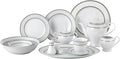HOMEHUT 57 Piece Silver Border Dinner Set Service for 8 – Includes Plates Bowls Cups Saucers Teapot &amp Serving Pieces – Elegant Durable &amp Dishwasher Safe Great for Daily or Formal Use