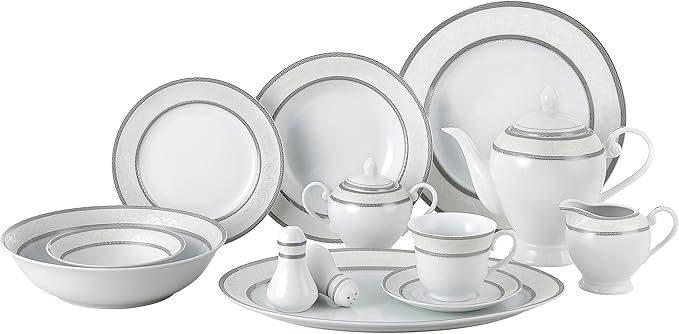 HOMEHUT 57 Piece Silver Border Dinner Set Service for 8 – Includes Plates Bowls Cups Saucers Teapot &amp Serving Pieces – Elegant Durable &amp Dishwasher Safe Great for Daily or Formal Use