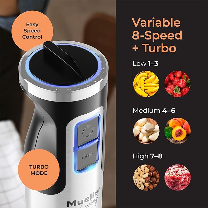 MuellerLiving Immersion Hand Blender Full Set - 8 Speed Immersion Blender Hand Mixer with 7 Attachments: Stainless Steel Blade Whisk Milk Frother Beater Mixing Hooks Potato Masher Chopper Bowl