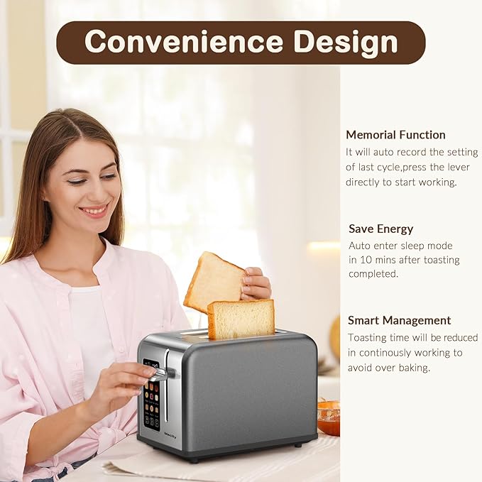 Mecity 2 Slice Touch Screen Toaster 1.5 Wide Slot Stainless Steel Smart Toaster for Bagels Muffins Waffles Gluten-Free Breads Defrost Reheat Timer 120V 825W Grey Pearl