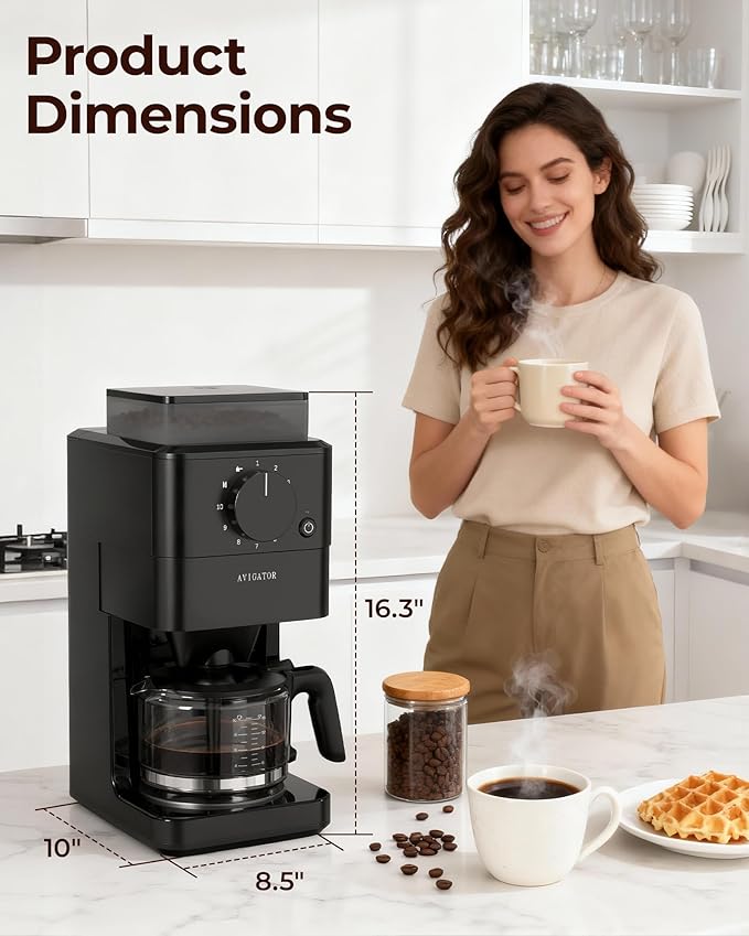 10 Cup Coffee Maker with Grinder Built in Automatic Grind and Brew Coffee Machine with Glass carafe Reusable Filter Auto shut off Warming plate for Home Offices or Large Families Black