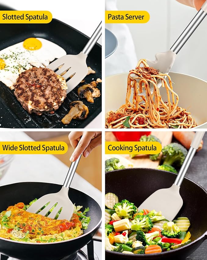 Silicone Cooking Utensil Set 8Pcs Non-stick Cookwares with Stainless Steel Handle BPA Free Heat Resistant Kitchen Tools with Spatulas Turners Spoons Skimmer and Pasta Fork (KHAKI)