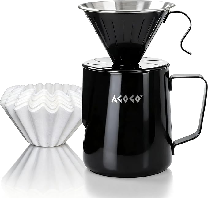 AGOGO Portable Pour Over Coffee Maker V60 Set - Easy Cleaning Compact 304 Stainless Steel Dripper for Camping &amp 50 Filters Paper &amp Barista Towel Black 20oz/600ml