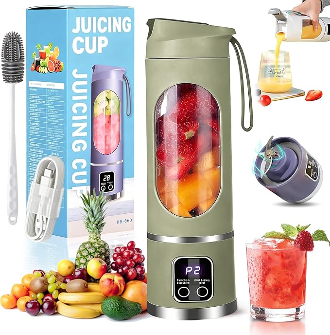 Digital Display Juicer - Smart LED Display 450ml/15.2oz Juicer Shakes and Smoothies Blender with Leakproof Lid Personal Blenders for Home &amp Travel Shakes &amp Baby Food (Green)