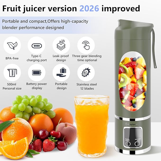 Portable Blender Personal Electric USB 500ML Portable juicer Shakes and Smoothies Blender Small Blenders Mixing Compact Convenient and Versatile Green