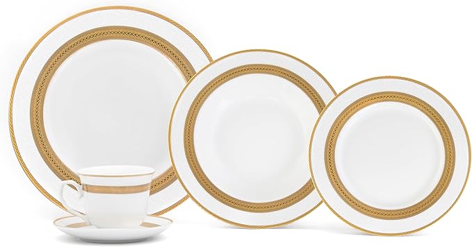 Royalty Porcelain Queen 5-Piece White and Gold Dinnerware Set 24K Gold-Plated Fine Porcelain Service for 1
