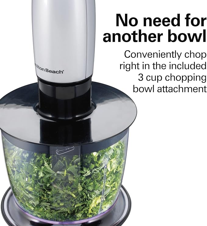 Hamilton Beach 4-in-1 Electric Immersion Hand Blender with Handheld Blending Stick Whisk + 3-Cup Food &amp Vegetable Chopper Bowl 2-Speeds 225 Watts Silver and Stainless Steel (59765)