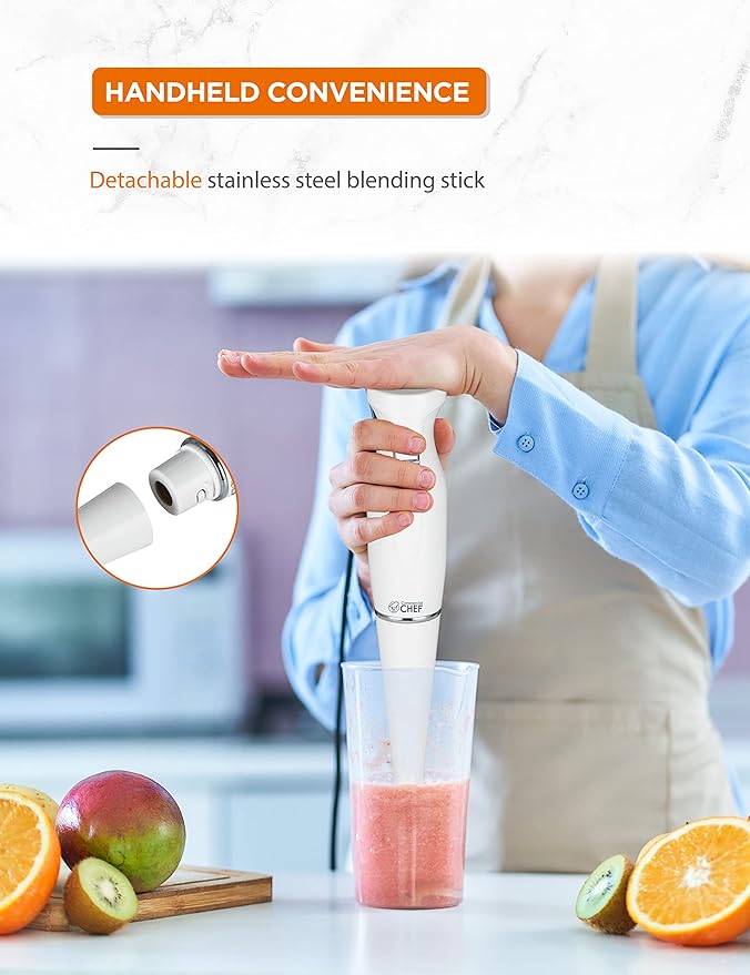 COMMERCIAL CHEF Immersion Blender Hand Blender with Stainless Steel Blades Immersion Blender with Quiet Motor Electric Mini Blender for Delicious Food