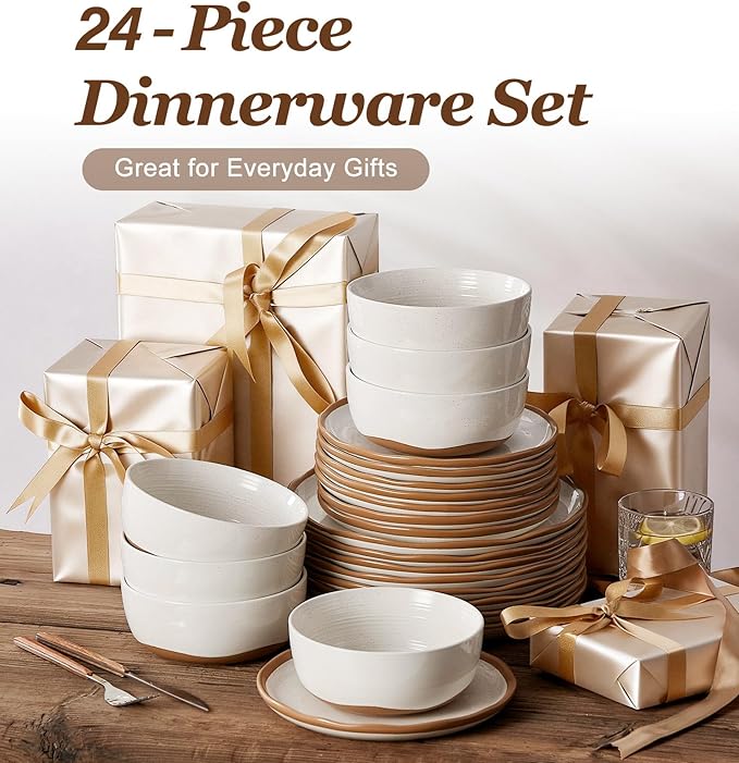 24 Piece Dinnerware Sets for 8 - Farmhouse Ceramic Plates and Bowls Sets - Scratch Resistant Stoneware Dishes Set Dishwasher &amp Microwave Safe Stack Compactly Dishware - Vintage White