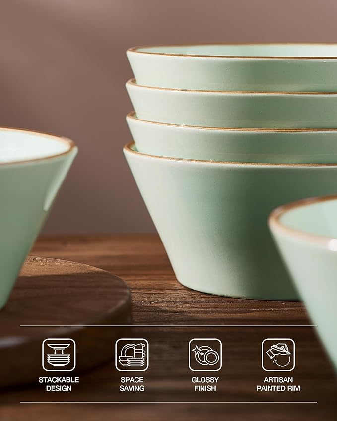 Famiware Saturn Dinnerware Sets Plates and Bowls Sets for 4 12 Pieces Stoneware Dish Set - Chip and Scratch Resistant Microwave and Dishwasher Safe Tableware Set Light Green with Rim
