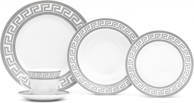 Dinnerware Set for 4 - Silver on White Fine Porcelain 20 piece Tableware Setting for Every Day and Formal Occasions with Cups and Saucers