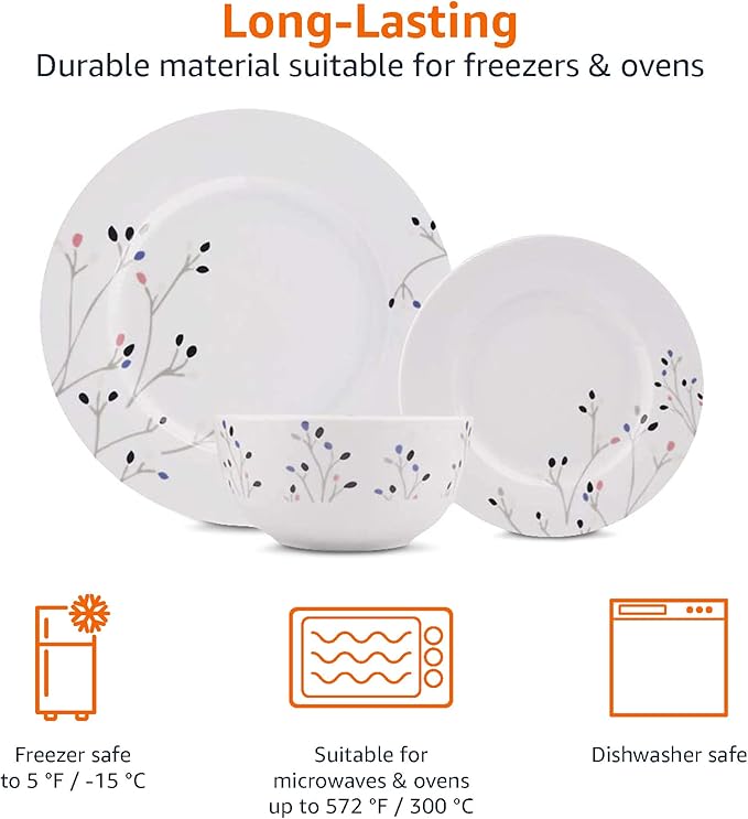 Amazon Basics Dinnerware Set Microwave and Dishwasher Safe Service for 6 18-Piece Complete Kitchen Plates Dishes Bowls Branches