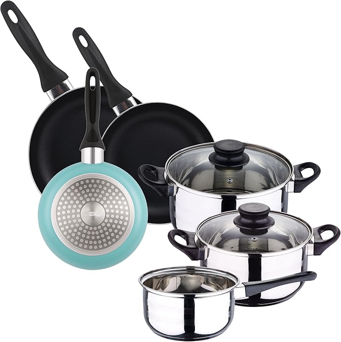 5 Piece Stainless Steel Cookware Set + 3 Piece Pan Set Diameter 16 x 20 x 24 cm Pressed Aluminium Sky Blue