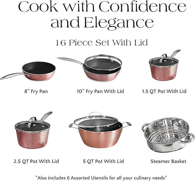Luxurious Non-Stick Ceramic 16 Piece Rose Gold Cookware Set with Glass LidsLightweight Scratch-Resistant Dishwasher Safe Oven Safe up to 500°F Suitable for All Stove Types