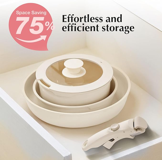 White Non-Stick Ceramic Cookware Set 5-Piece Pots and Pans Set with Detachable Handles Perfect for Everyday Cooking RV Camping and Compact Kitchens Induction Compatible PFOA &amp PTFE Free