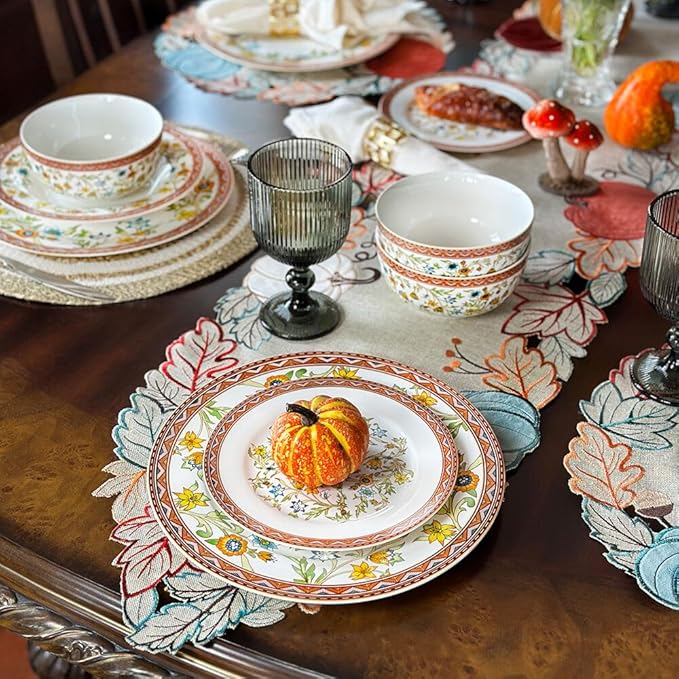 Fleurs des Prairies Bone China Dinnerware Set of 16 for 4 persons Handmade Reactive Glaze Dishes SetChip Resistant and Scratch Resistant Oven&ampDishwasher &amp Microwave SafeService for 4