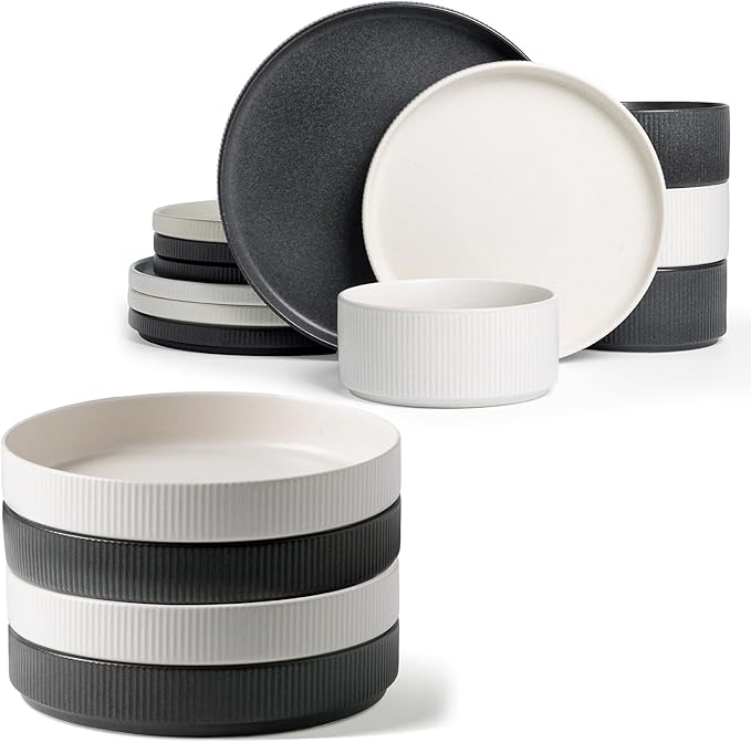 Famiware Star Dinnerware Set with Plates and Bowls Service for 4 (16-Piece) Stoneware Kitchen Dishes Dinner Sets - Matte White &amp Matte Dark Charcoal