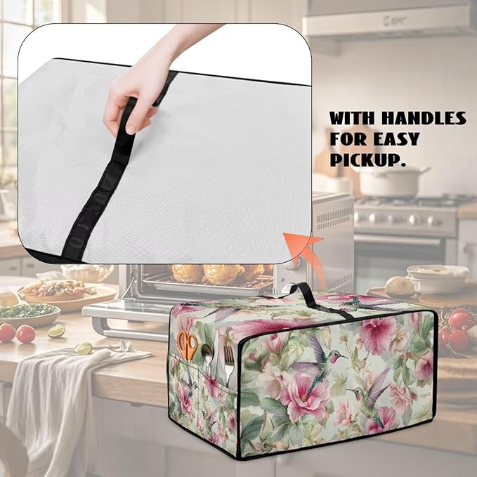 Hummingbird Flower Printed Toaster Oven Dust Cover Heavy Duty Bread Maker Machine Covers with Side Pockets Kitchen Small Appliance Cover S