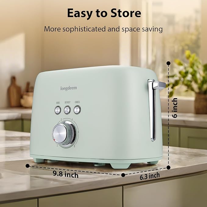 2 Slice Toaster - Stainless Steel 1.5 Extra Wide Slots 6 Browning Settings Bagel/Defrost/Cancel Modes Green