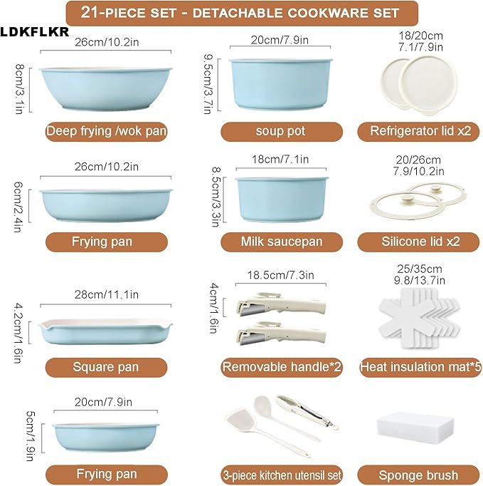 Multi-Piece Detachable Cookware Set Non-Stick Pots and Pans Set with Removable Handles Cooking Set Oven Safe Stackable Universal for All Stoves21pcBlue