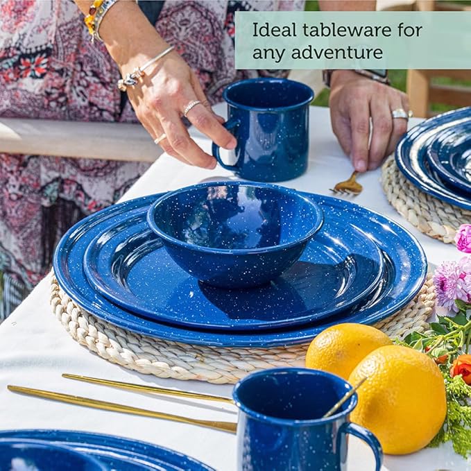 Cinsa 23 Piece. Enameled Dinnerware Camping/Outdoor Set for 4. Includes Plates Bowls Mugs Coffee Boiler.