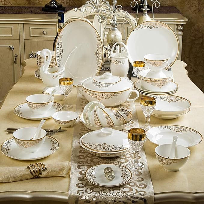 Palace Style Plate Set –China Dinnerware Set Dinner Plate Ceramics Dinnerware Set 48 Pieces Phnom Bone China Plates and Bowls Sets
