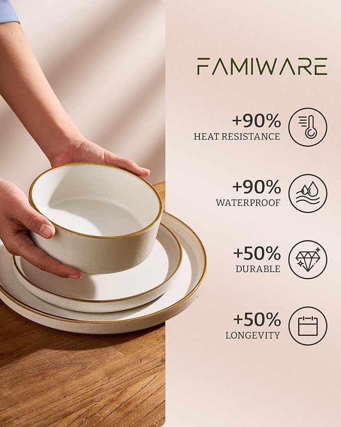 Famiware Nebula Plates and Bowls Sets 24 Pieces Stoneware Dinnerware Sets Reactive Glaze Dish Set Dishes Set for 8 Matte Beige White with Brown Rim