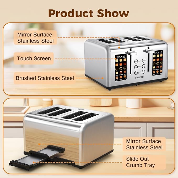 4 Slice Touch Screen Toaster Easy-to-Use Digital Stainless Steel Toaster with Wide Slots Reheat Defrost Cancel Removable Crumb Tray Silver