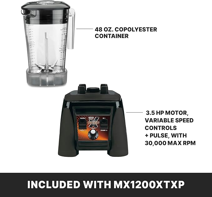 Waring Commercial MX1200XTXP 3.5 HP Blender with Variable Speed Dial Controls and 48 oz. BPA Free Copolyester Container 120V 5-15 Phase PlugBlack