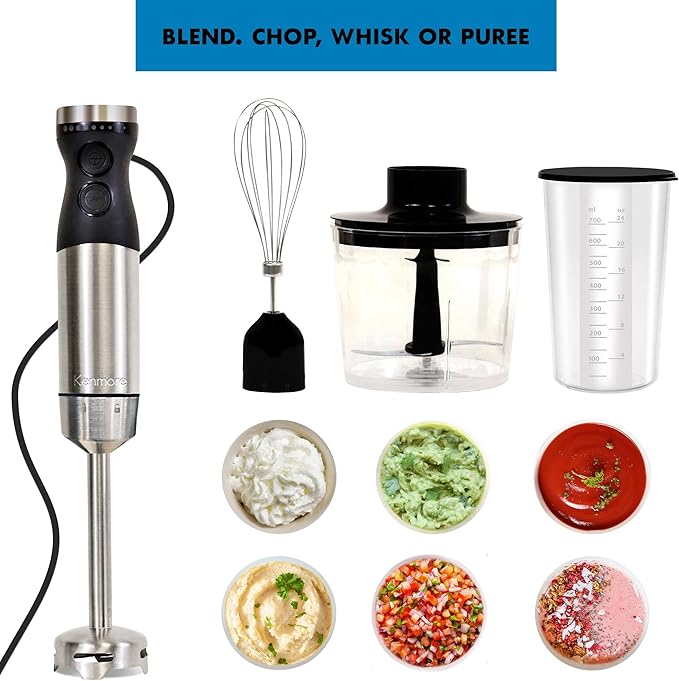 Kenmore Immersion Blender - Handheld Stick Mixer Electric Hand Blender with Stainless Steel Shaft Whisk Variable Speed for Smoothies Milkshakes Baby Food Puree Batidora de Inmersión