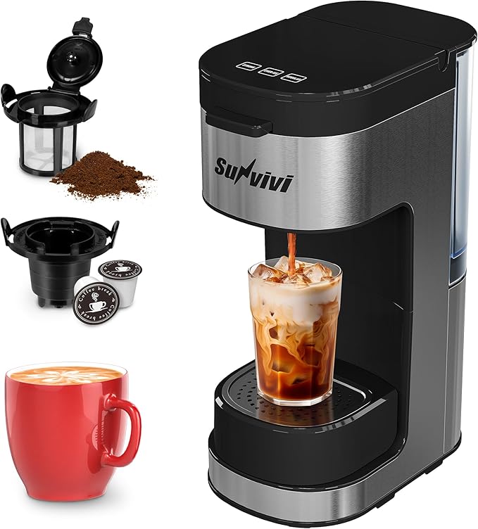 SUNVIVI Iced &amp Hot Coffee Maker: Single Serve Coffee Maker with 3 Brewing Options for K Pod Ground Coffee &amp Tea Removable Water Reservoir &amp Reusable Filter Ideal for Home &amp Office