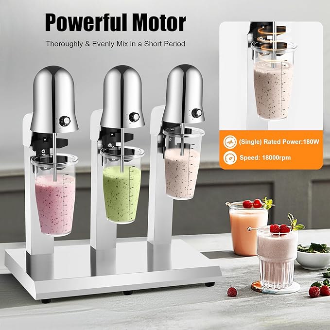 3 Head Milkshake Maker 18000RPM Electric Milkshake Mixer Commercial Milk Shake Blender Machine with 3x800ml Cup Beverage Frother Mixer for Tea Milk Juice Portein Shakes