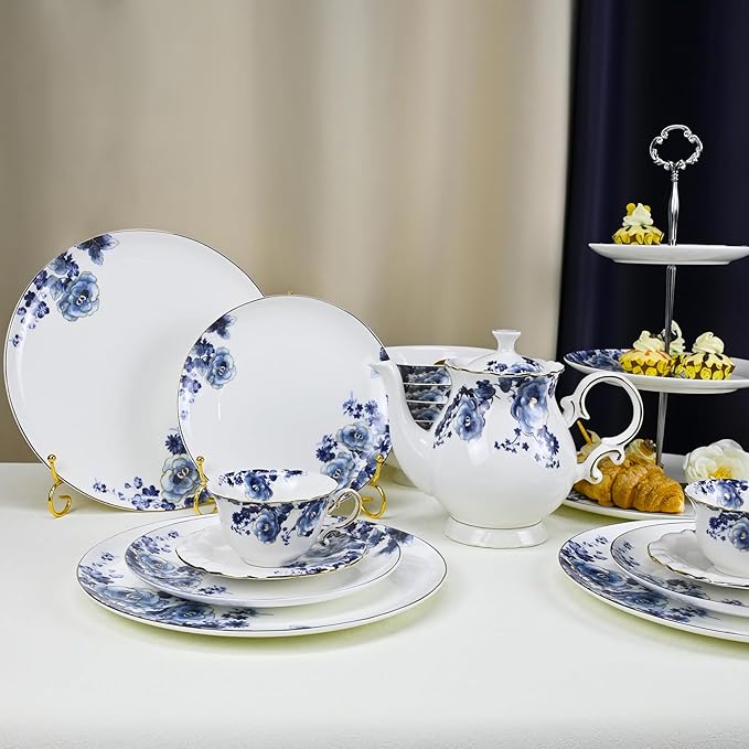 Fine Bone China Dinnerware Set for 4 3-Tier Afternoon Tea Stand Porcelain Cupcake Stand Serving Tray
