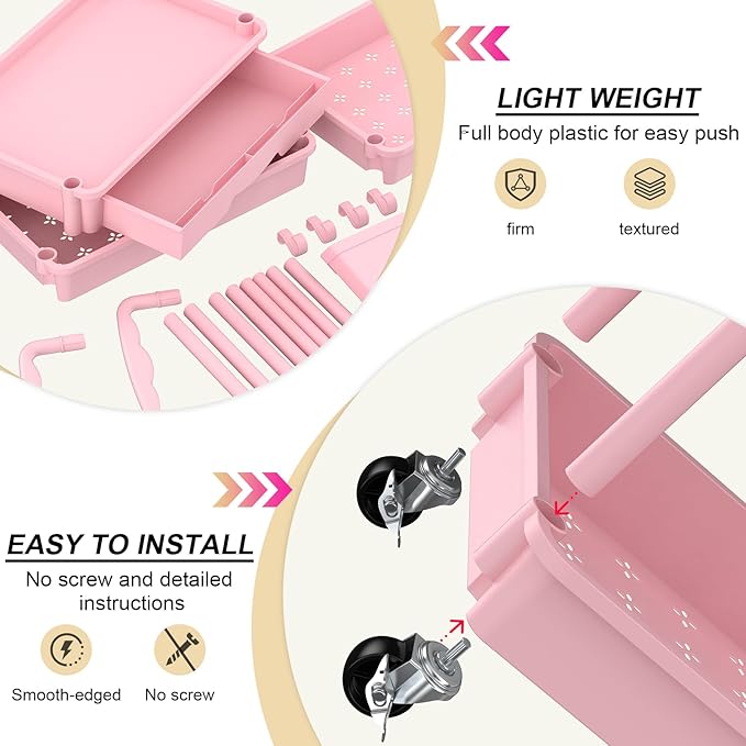 Goovilla 4 Tier Rolling Utility Cart Organizer with Removable Drawer Stable and Sturdy Pink Rolling Storage Carts with 2 Lockable Wheels for Bathroom Kitchen Snack Craft Makeup Baby Essentials