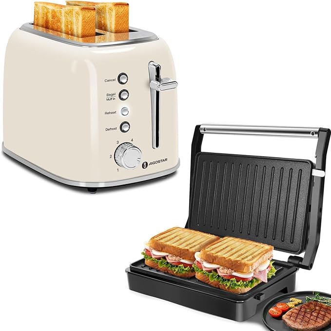 Aigostar Toaster 2 Slice Retro Extra-Wide Slot Toasters and Panini Press Sandwich Maker Aigostar 1000W Sandwich Press Grill with Non-Stick Coated Plates