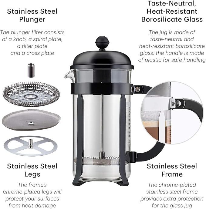 Bodum 34oz Chambord French Press Coffee Maker High-Heat Borosilicate Glass Stainless Steel Black – Made in Portugal