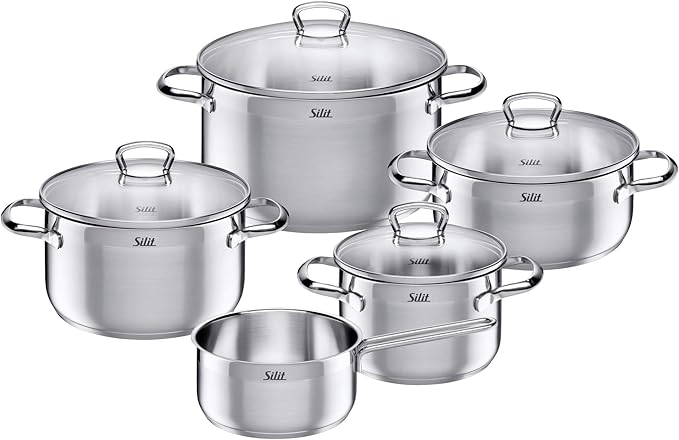 WMF Pot Set 5 Piece Toskana Pouring Rim Glass Lid Stainless Steel Suitable for Induction Hobs Dishwasher Safe