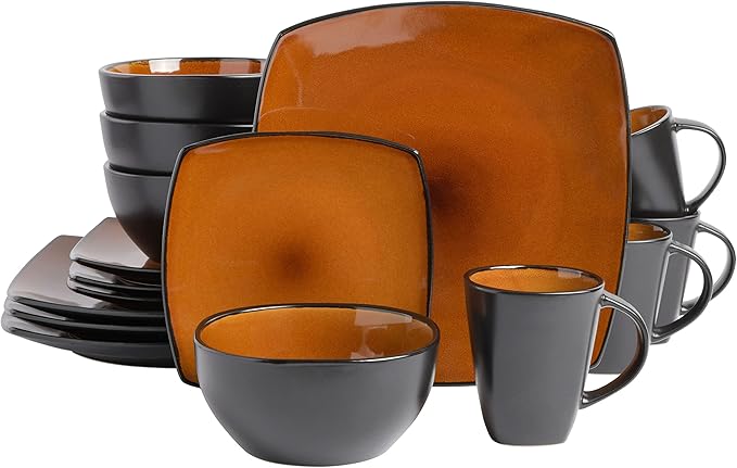 Gibson Elite Soho Lounge Square Reactive Glaze Stoneware Dinnerware Set Service for 4 (16pc) Amber
