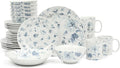 Martha Stewart Empress Bouquet 30 Piece Decorated Porcelain Chip and Scratch Resistant Dinnerware Plates and Bowls Set - Blue Floral