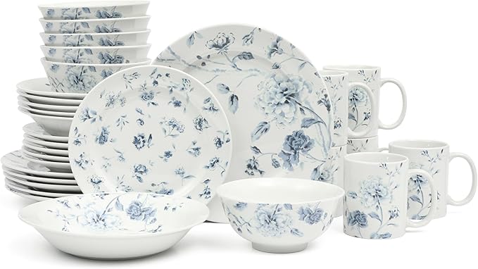 Martha Stewart Empress Bouquet 30 Piece Decorated Porcelain Chip and Scratch Resistant Dinnerware Plates and Bowls Set - Blue Floral