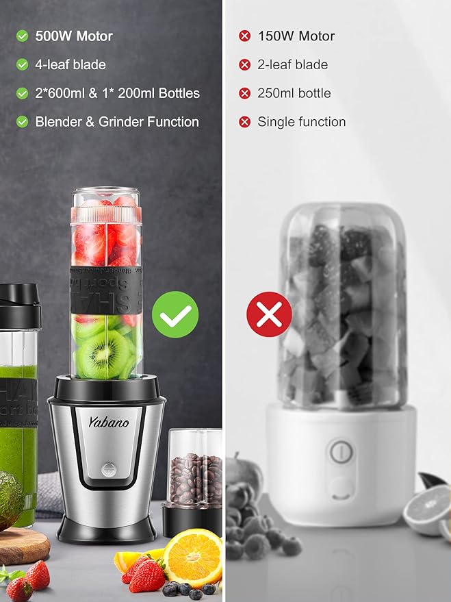 Personal Blender Electric Shake Bottle with 2 x 20oz Travel Bottle and Coffee/Spices Jar Portable Shaker Cups for Protein Shakes 500W Single Serve Blender for Shakes and Smoothies Sports(Black)