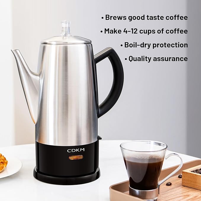 Classic 12 Cup Percolator PC-9822 Stainless Steel with keep warmcordless service (Brushed Finish)