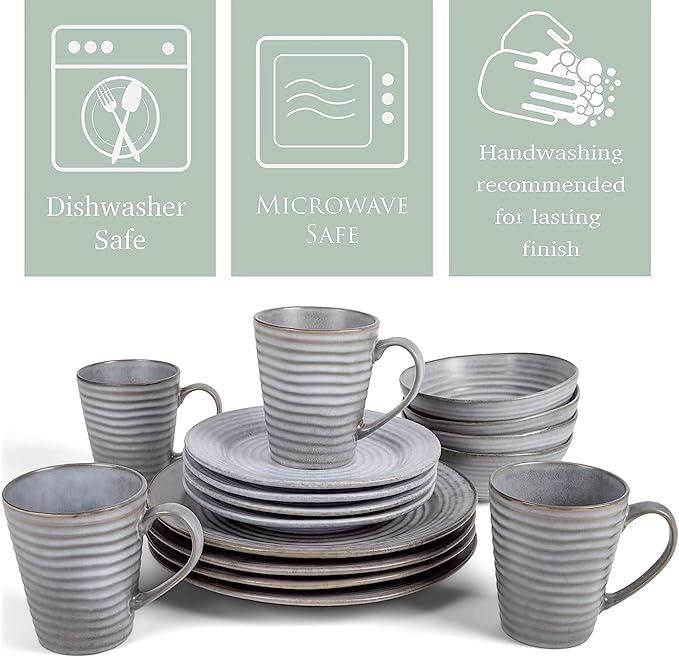 Elanze Designs Charming Chic Ribbed Modern Thrown Pottery Look Ceramic Stoneware Plate Platter Mug &amp Bowl Kitchen Dish Dinnerware 16 Piece Set - Service for 4 Slate Grey